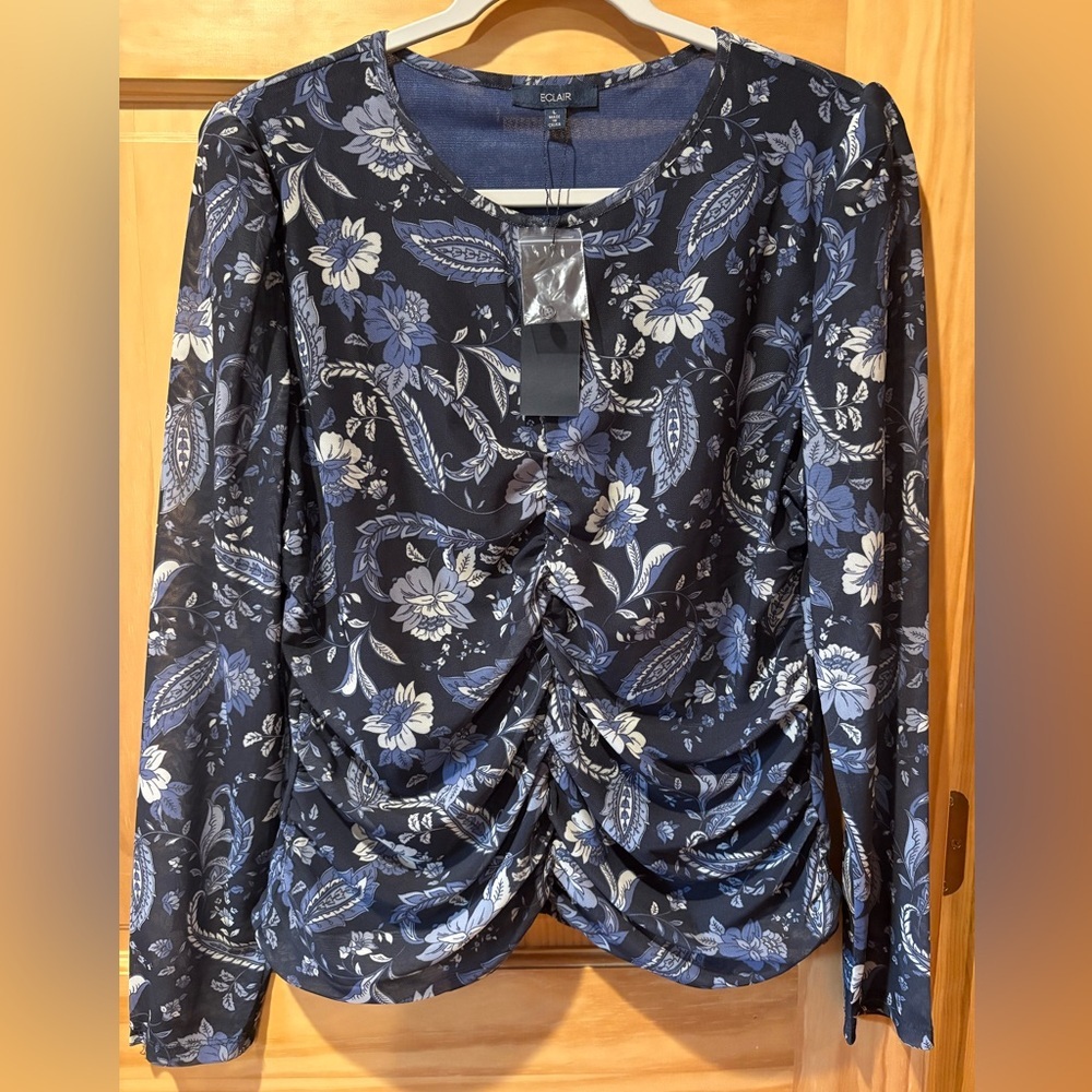 ECLAIR | Blue Floral Ruched Top women’s NWT size L